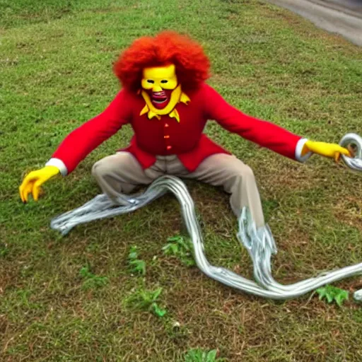 Prompt: ronald mcdonald trying to escape from spiders