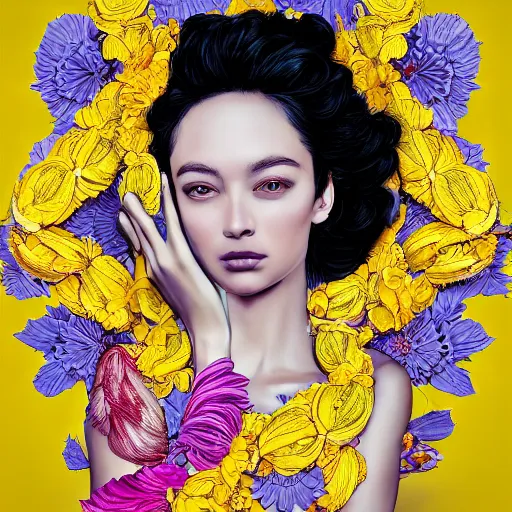 Image similar to the portrait of the most beautiful, graceful, and elegant woman made of bananas and petals, an ultrafine detailed illustration by kim jung gi, irakli nadar, intricate linework, bright colors, final fantasy, behance contest winner, angular, unreal engine 5 highly rendered, global illumination, radiant light, detailed and intricate environment