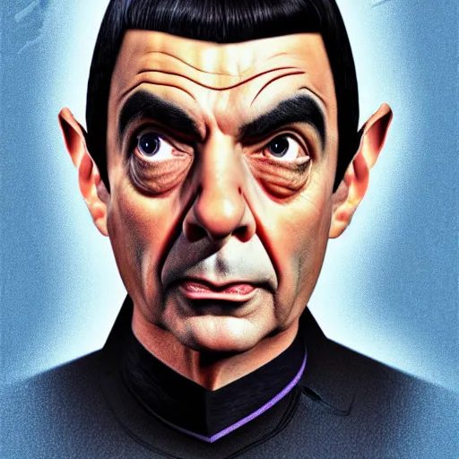 Prompt: rowan Atkinson as spock from star trek, ultra realistic, hyper detailed, full color, digital art,