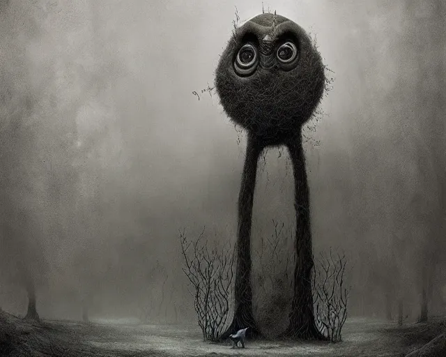 Image similar to a surreal painting of a bizarre otherworldly creature standing in a small eerie village, by anton semenov