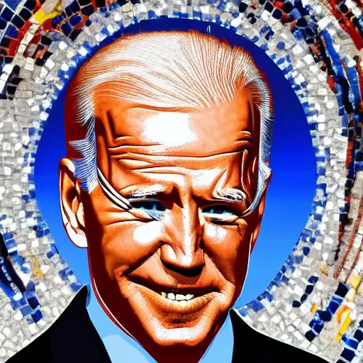Prompt: portrait mosaic of joe biden with robot eyes, 4k, intricate details, digital, between heaven and hell