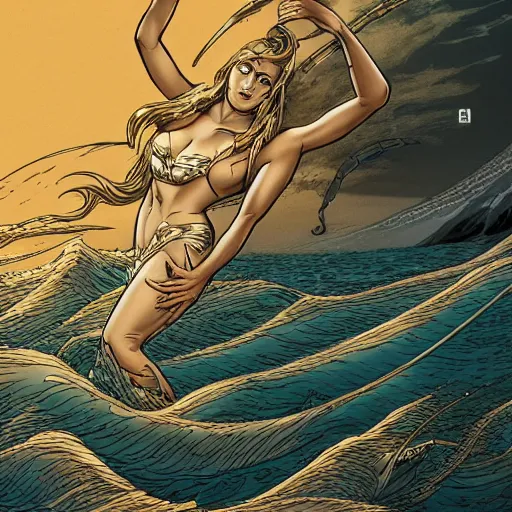 Image similar to gold and silver tones, alluring siren in the sea attracting a boat of sailors, style of moebius, james jean, rutkowski, mcbess, cinematic, high detail, award winning, 8 k photorealistic