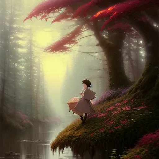 Prompt: a fairy - tale wonderland painting by greg rutkowski, hayao miyazaki, studio ghibli smooth concept art, 4 k matte thomas kinkade, ted nasmith, key art, artstation, alphonse mucha, incredible amazingly beautiful oil painting