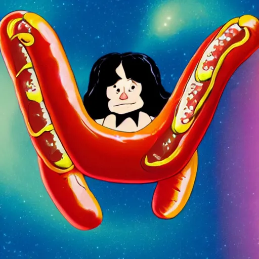 Image similar to danzig riding a giant hotdog through space in technicolor