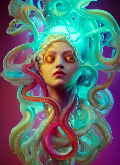 Image similar to subsurface scattering, medusa made of soft wax, cgsociety, translucent, organic squid and ceramic art nouveau swirls, golden orbs, colored smoke, in the style of alberto seveso and ruan jia and beeple and giger, mystical colors, back light, rim light, dramatic lighting, 8 k, stunning scene, raytracing, octane render