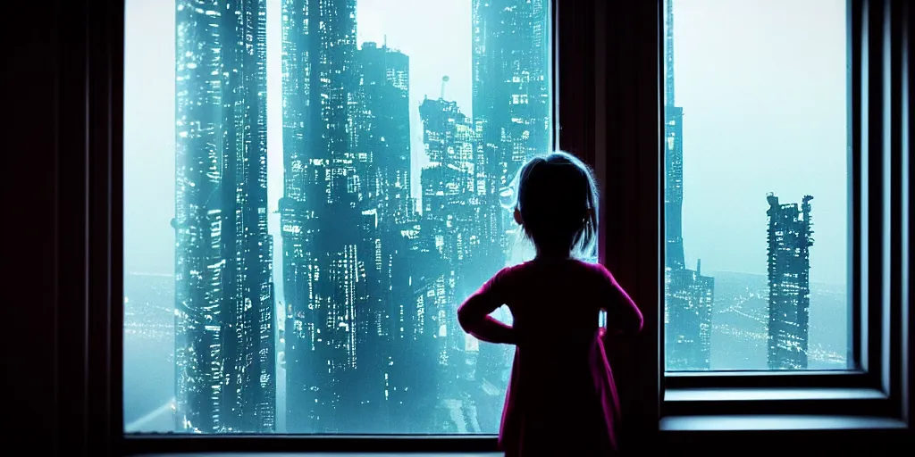 Prompt: overlooking on night city cyberpunk from floor to ceiling window, one little girl, beautiful hair at the back, looking out the window, liminal, cinematic, dreamscape