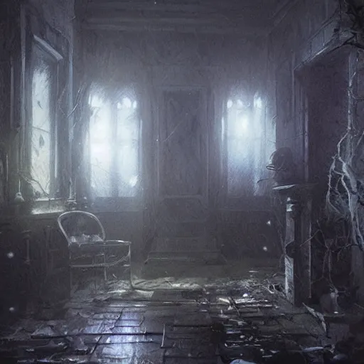 Prompt: interior of a haunted house at night, horror, by greg rutkowski