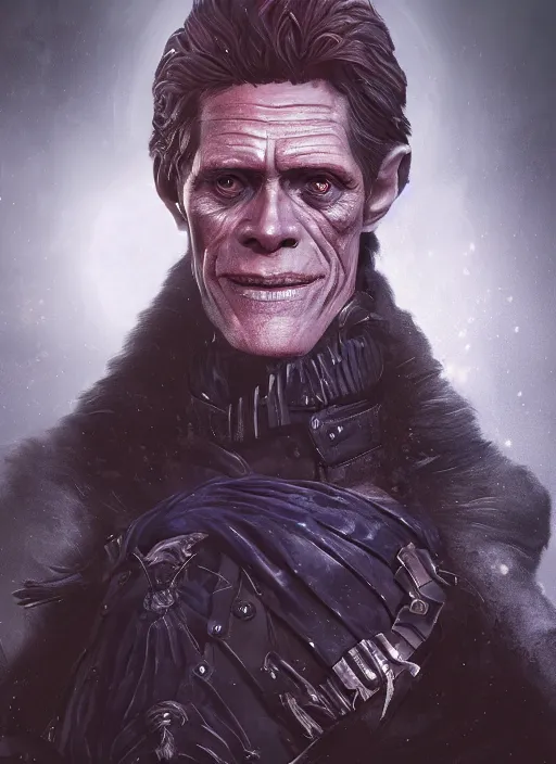 Image similar to A fantasy comic book style portrait painting of Willem Dafoe as a necromancer in dark castle setting, unreal 5, DAZ, hyperrealistic, octane render, RPG portrait, dynamic lighting