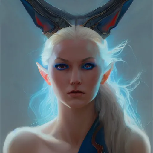 Prompt: A detailed matte oil on canvas head on symmetrical portrait of a beautiful elven woman with blue red eyes heterochomia and red and blue hair by greg rutkowski and Charlie bowater, trending on artstationhd, dungeons and dragons art critical role