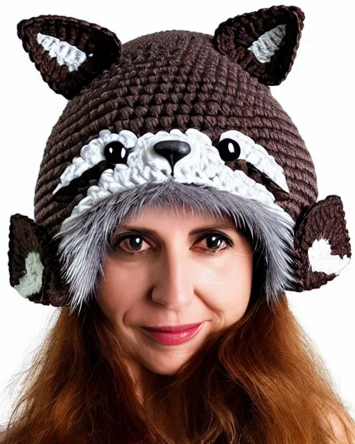 Prompt: a crocheted raccoon hat, very detailed, animal hat, cute details, product photo, promotional image, sharp focus, studio lighting. fzd school of design