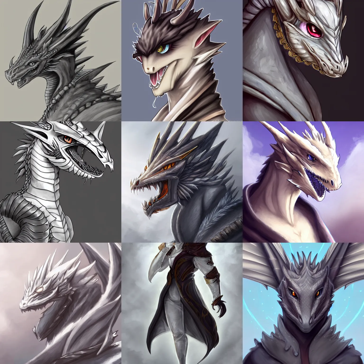 Prompt: very very beautiful half body side angle portrait of a handsome boyish anthropomorphic silver dragon, soft delicate draconic features, cute eyes, wearing a luxurious silk cloak, commission on furaffinity, artstation, high quality digital art, warm colors