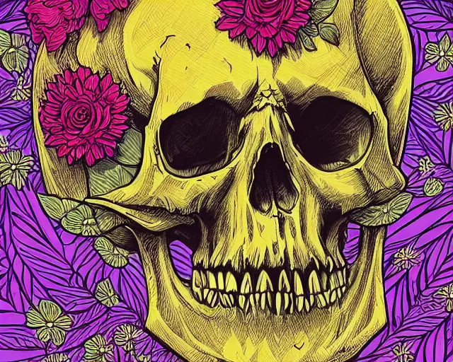 Image similar to An illustration of a skull with flowers inside it, lush, rich, digital art, illustrated by Dan Mumford