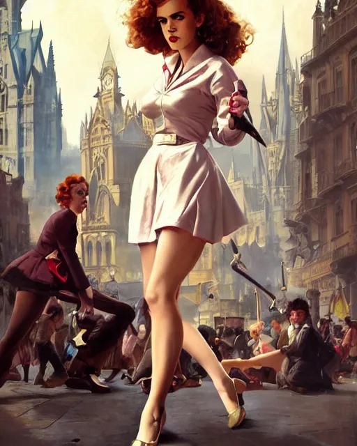Prompt: pinup photo of hermione granger by emma watson in the crowded square of the city, by greg rutkowski, gil elvgren, enoch bolles, kezie demessance, glossy skin, pearlescent, very coherent, very detailed