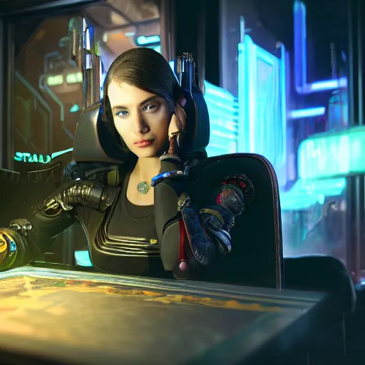 Image similar to high quality portrait of a starcraft Protoss Zealot in a cyberpunk cyberpunk cyberpunk cafe, realism, 8k, award winning photo