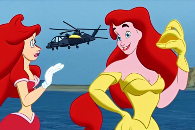 Prompt: still from the disney cartoon, little mermaid enlists in the navy, animated military, helicopters