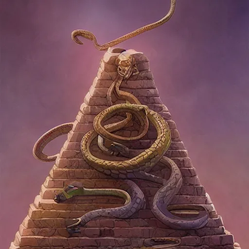 Image similar to pyramid with snake wrapped around it by artgerm and Craig Mullins, James Jean, Andrey Ryabovichev, Mark Simonetti and Peter Morbacher 16k