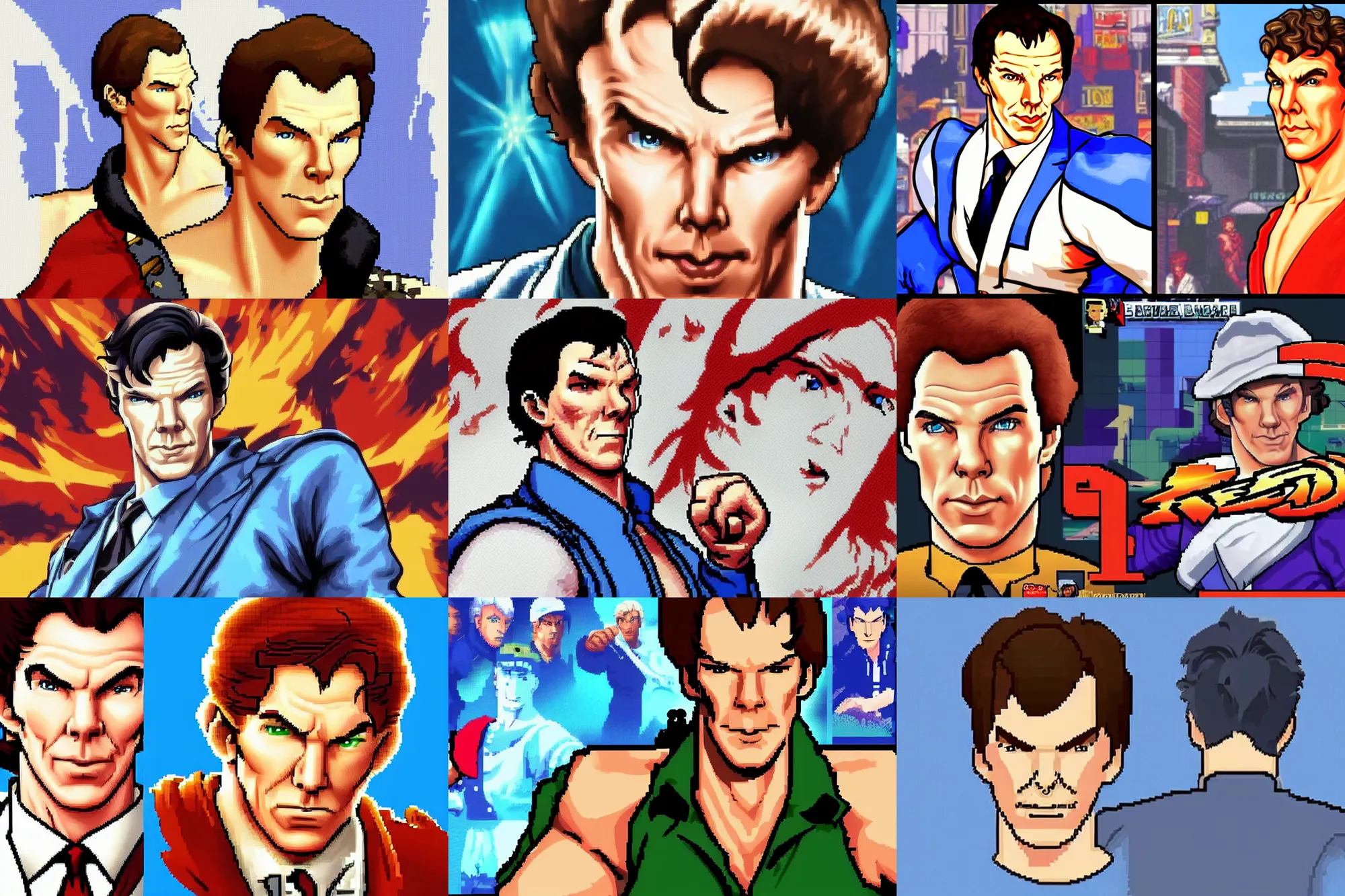 Prompt: the character portrait for benedict cumberbatch in the video game street fighter 2. high quality pixel art. amazing likeness. very detailed. cartoon caricature.