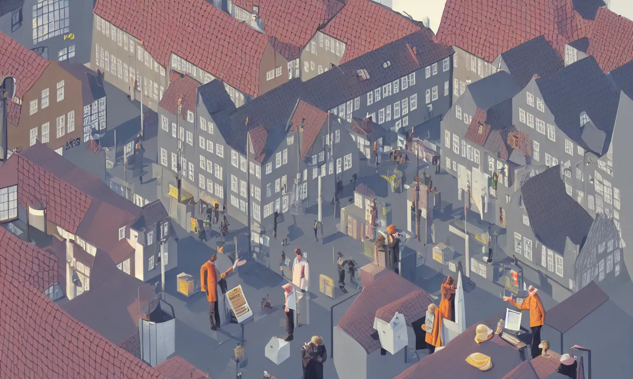 Prompt: hacker and wizard, roofs of copenhagen, presented faked service ticket, wizard reads a directory, nordic pastel colors, marketsquare, 3 d art, digital illustration, perfect lighting