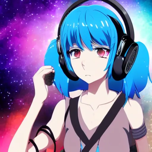 Prompt: Anime key visual of a beautiful girl with blue hair and blue eyes wearing headphones with galaxy background, official media, 4k, very beautiful