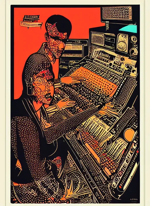 Image similar to A beat producer, screen print, art by Chuck Sperry, vintage 1960s print, minamilst