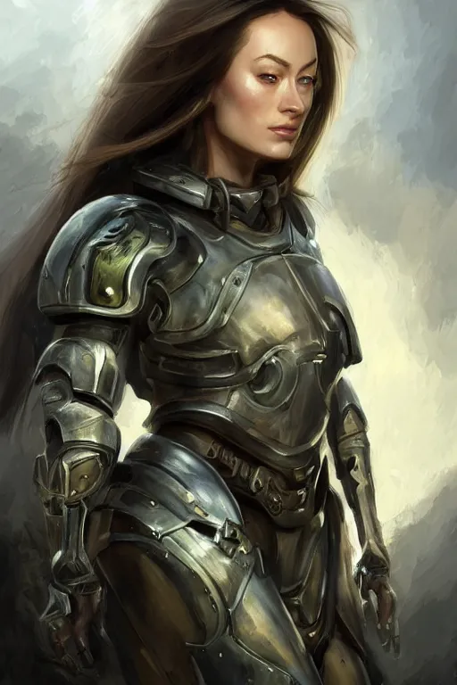 Image similar to a professional painting of a young Olivia Wilde, clothes in military armor, olive skin, long dark hair, beautiful bone structure, symmetrical facial features, intricate, elegant, digital painting, concept art, smooth, sharp focus, illustration, from StarCraft by Ruan Jia and Mandy Jurgens and Artgerm and William-Adolphe Bouguerea