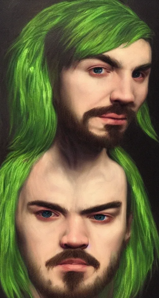 Image similar to jacksepticeye with dyed green hair renaissance portrait painting, chiaroscuro, oil paints on canvas