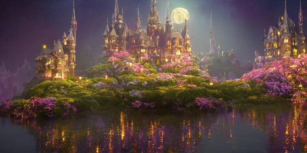 Image similar to a single glittering fairy castle at night, a full moon, water and colourful flowers, extremely detailed oil painting, unreal 5 render, fantasy digital art, octane render, beautiful composition, trending on artstation, award-winning photograph, masterpiece