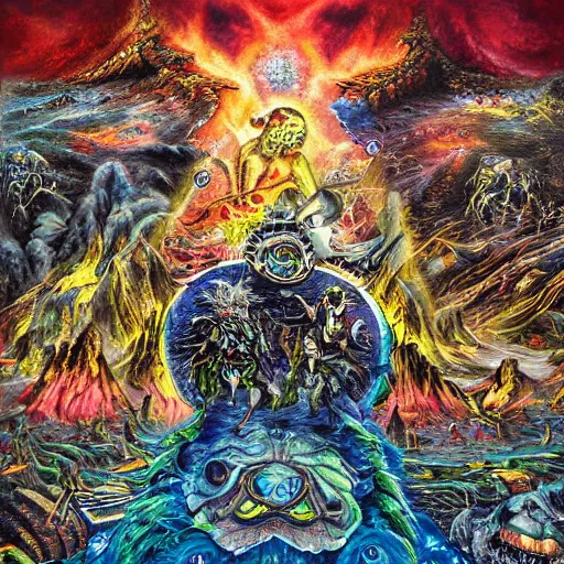 Image similar to a high hyperdetailed painting of the war between the monsters of reason vs the monsters of imagination, the merging of determined and undetermined worlds horror and spiritual fantasy creatures, as dichotomies are broken in search of elevation psychedelic surreal magical dystopian technological utopian psycho spiritual art, anarchist art chaotic fulcolor