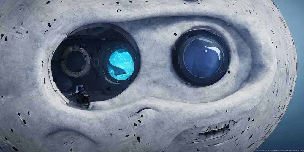 Image similar to highly detailed a submarine that slowly disappears underwater while a huge eye looks at it from above, this eye looks like a monster and lights up, 4 k, photorealistic, unreal 5