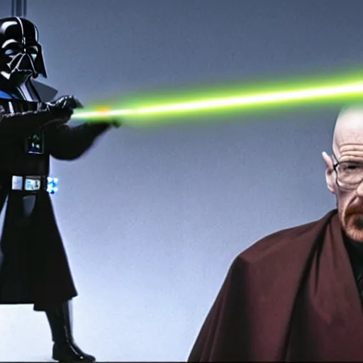 Prompt: Walter White duels Darth Vader with lightsabers, movie still from Star Wars Episode 1