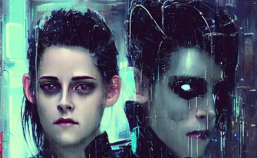 Image similar to detailed film still of portrait neon operator lady kristen stewart in the movie blade runner, messy ponytail, cyberpunk futuristic, neon, reflective puffy coat, decorated with traditional japanese by ismail inceoglu dragan bibin hans thoma greg rutkowski alexandros pyromallis nekro, illustrated, perfect face, fine details, realistic shaded, fine - face, pretty face