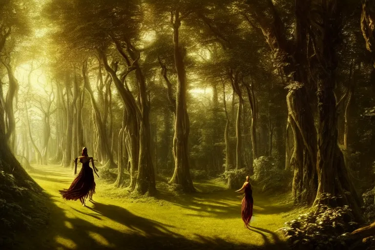 Prompt: a beautiful and highly detailed matte painting of one sexy nymph walking away into a mystical forest, psychedelic, celtic, intricate details, epic scale, insanely complex, 8 k, sharp focus, photorealism, artstation, cgsociety, by caspar friedrich, albert bierstadt, james gurney, brian froud,
