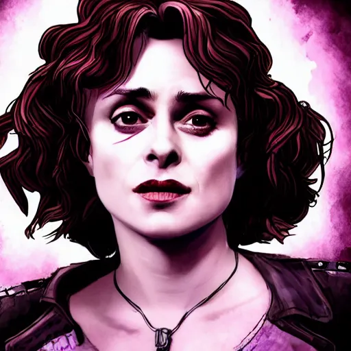 Image similar to helena bonham carter portrait, borderlands, tales from the borderlands, the wolf among us, comic, cinematic lighting, studio quality, 8 k