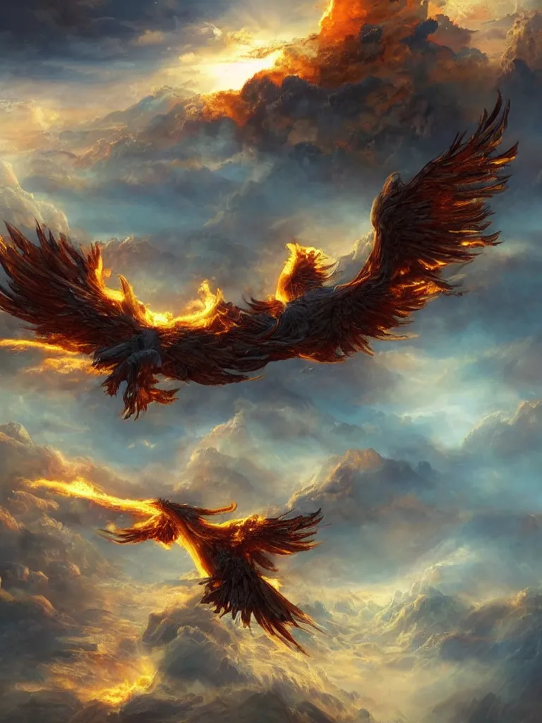 Prompt: A golden fire-burning phoenix flying in the clouds, A beam of holy light hits the phoenix，fantasy matte painting，rich colors, high details，Flame effect，light effect，by Fenghua Zhong and Jonas De Ro and John Pitre，trending on cgsociety and artstation，8kHDR，unreal engine， Houdini particle effects，