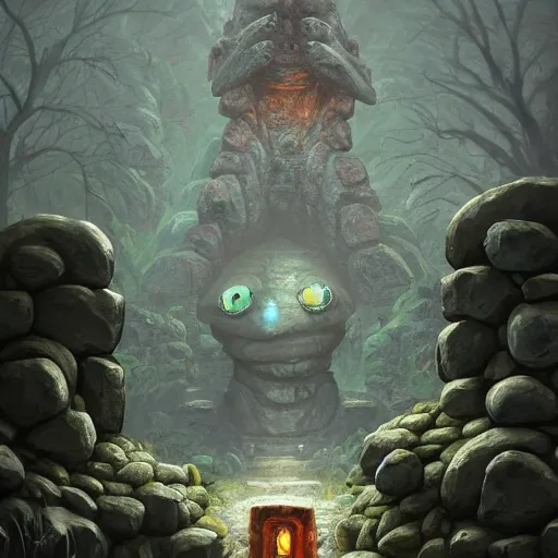 Prompt: a stone golem constructed out of rocks, minerals and wood, guarding the magnificent gate to a protected forest, 8 k resolution detailed fantasy art, asymmetrical composition, anato finnstark marc simonetti lisa frank zbrush central gloomy midnight.