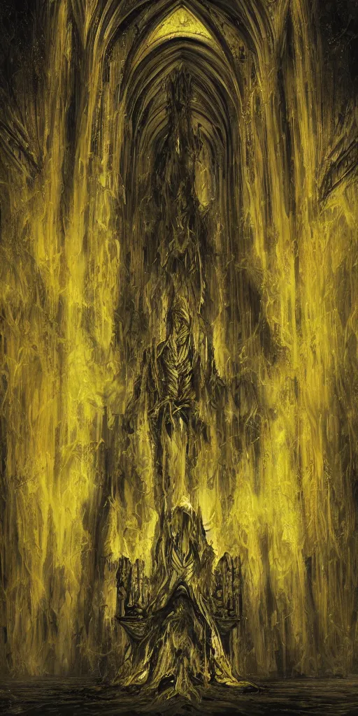 Image similar to a tall towering huge pale human wearing a yellow garment sitting upon an ornate stone throne, 4K, digital art, lovecraftian, lovecraft art, artstation, horror, dramatic, wearing a long yellow rotting garment, dark, hyperrealistic, dramatic perspective, complex (((dark))) cathedral background, dark background, highlights,