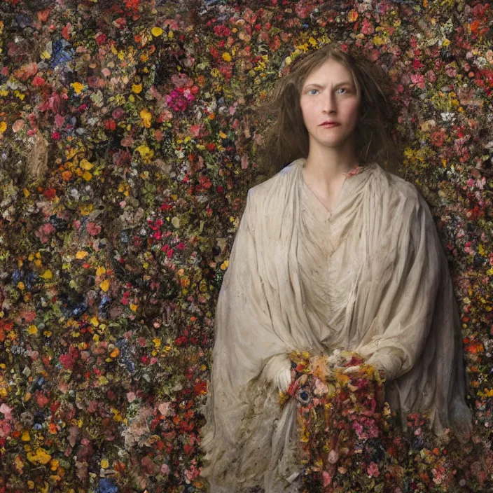 Image similar to a closeup portrait of a woman wearing a cloak made of plastic an mud, in an infinite landscape of flowers, photograph by vincent desiderio, canon eos c 3 0 0, ƒ 1. 8, 3 5 mm, 8 k, medium - format print