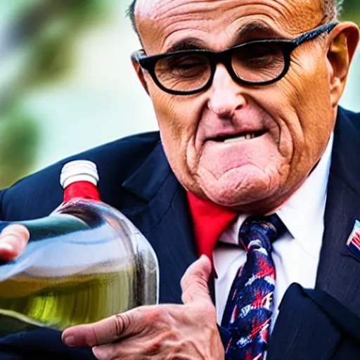 Prompt: news still of a drunk rudy giuliani holding a bottle, 4 k, professional