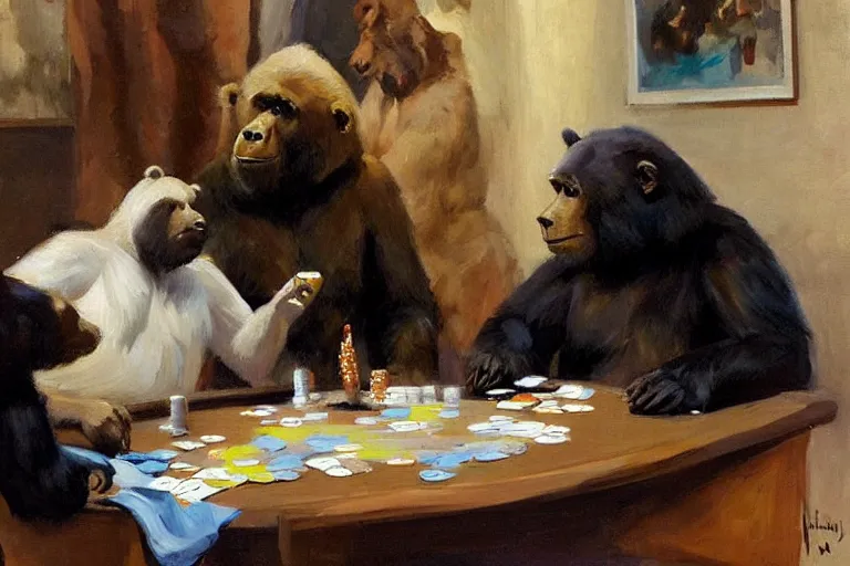 Image similar to 2 animals, gorrila, bear, playing poker highly detailed beautiful, by gregory manchess, james gurney, james jean