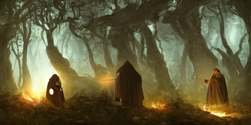 Prompt: a medieval monk witnessing the landing of an alien ufo in the middle of a dark forest, digital concept art, trending on artstation, highly detailed,