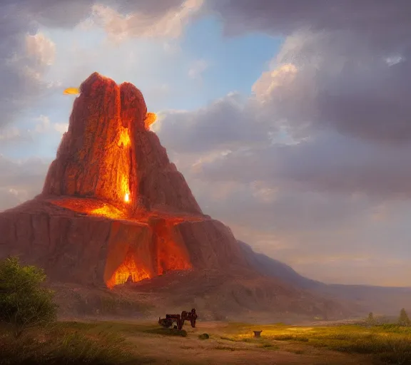 Prompt: landscape portrait of a an immense building made of hot brimstone, with tyler childers hammering the side, by william sidney mount, trending on artstation