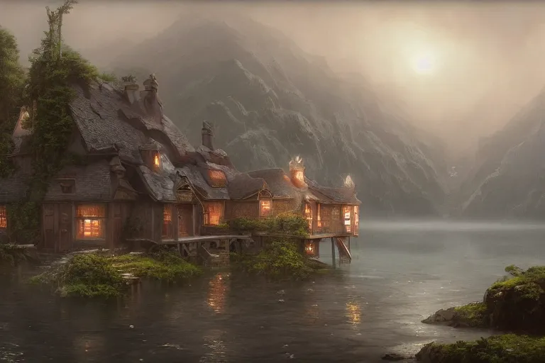 Image similar to a typical european house with a slate roof, submerged under the water of the acean, school of fishes, scenic view, matte painting by christophe vacher and hubert robert, trending on artstation