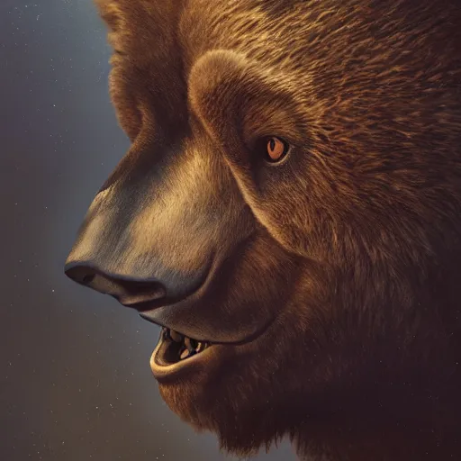 Prompt: Sad man in a bear mask, hyperrealism, no blur, 4k resolution, ultra detailed, style of Jonathan Solter, Peter Mohrbacher,Alexander Trufanov, Finnian MacManus, Ivan Shishkin