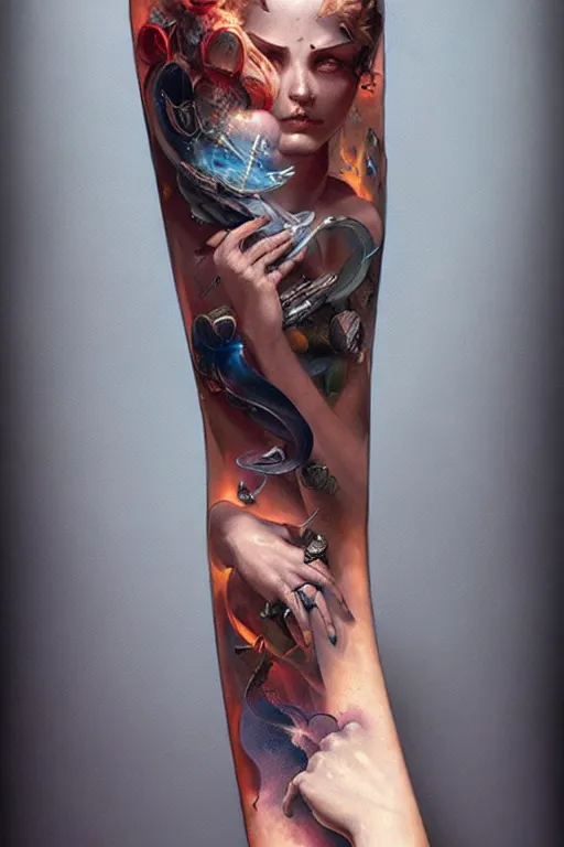 Image similar to arm sleeve tattoo design by peter mohrbacher and craig mullins