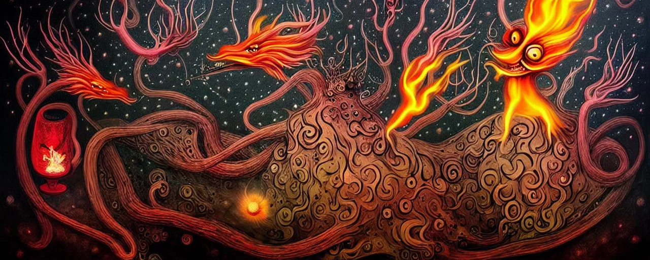 Image similar to whimsical fiery alchemical creatures, surreal dark uncanny mixed media painting by ronny khalil