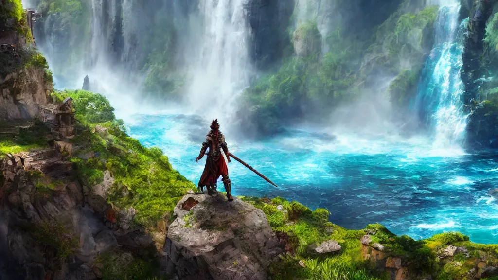 Image similar to A Fantasy Warrior, standing on a cliffside, beside a beautiful colourful waterfall, over looking a large Fantasy city in the middle of the ocean, trending artstation, 8k, highly detailed, matte painting, concept art, over the shoulder wide shot