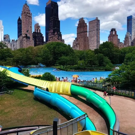 Image similar to photo of a large water park with numerous slides and water rides inside of central park. the new york city skyline is shown in the background.