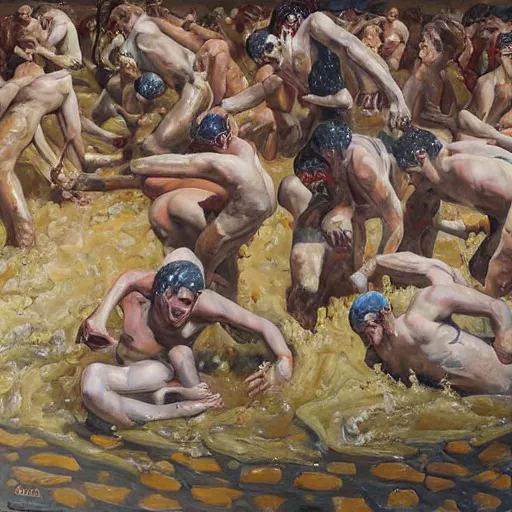 Image similar to 3 drunks fall over mud - wrestling,, where's wally, oil painted ( ( ( ( by salvador dali ) ) ) )