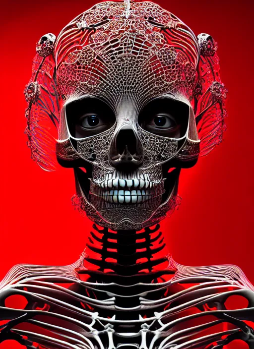 Prompt: portrait of an absurdly beautiful, graceful, sophisticated, fashionable futuristic female skeleton with sections of skin showing, glowing internal light, hyperdetailed illustration by irakli nadar and alexandre ferra, intricate linework, faberge, intricate chrome headdress, dark atmosphere, glowing red eyes, unreal engine 5 highly rendered, global illumination, radiant light, detailed and intricate environment