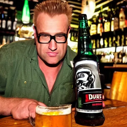 Prompt: Photo of a Duke Nukem sitting with bottle of beer at Irish Pub